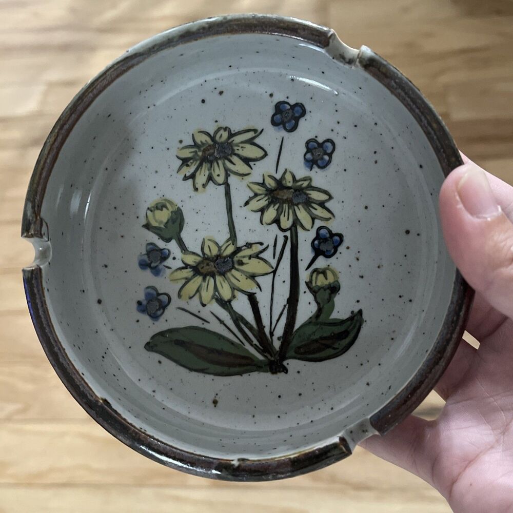Vtg Japanese Stoneware Ashtray Flowers Speckle Ware Yellow Blue Florals Daisy